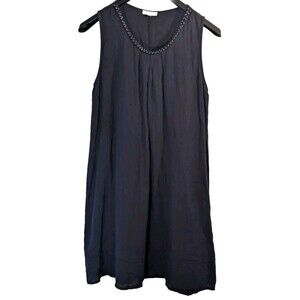 Rosemarine 100% Linen Navy Tunic Dress Blue Braided Collar Metallic SZ M Italy